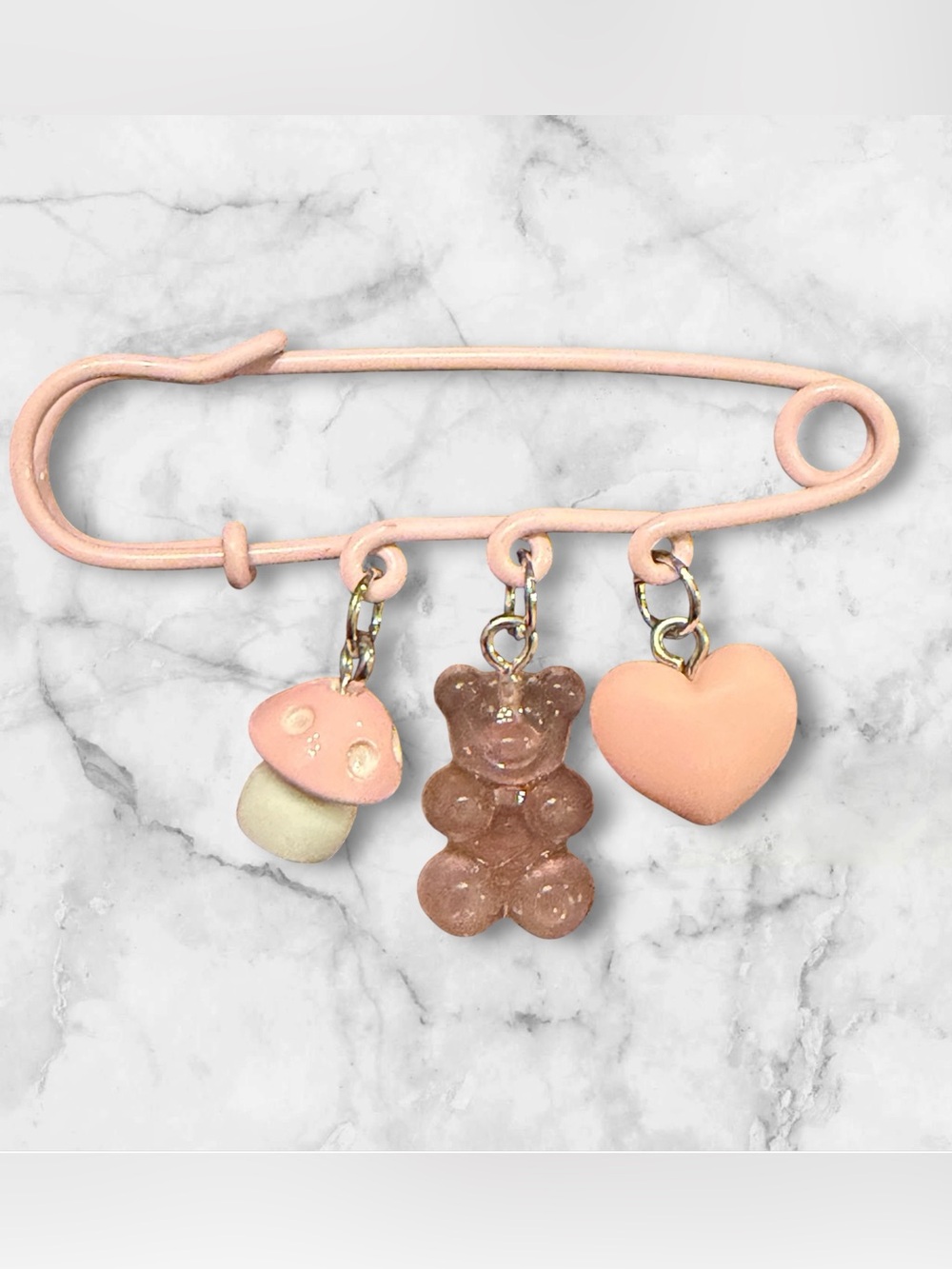 Pink Safety Pin Charm Brooch with Mushroom, Gummy Bear & Heart